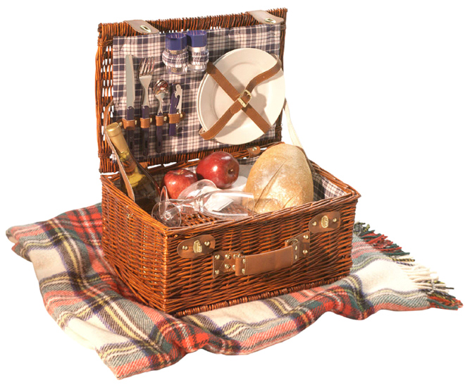 Detail of a picnic hamper with all the items.