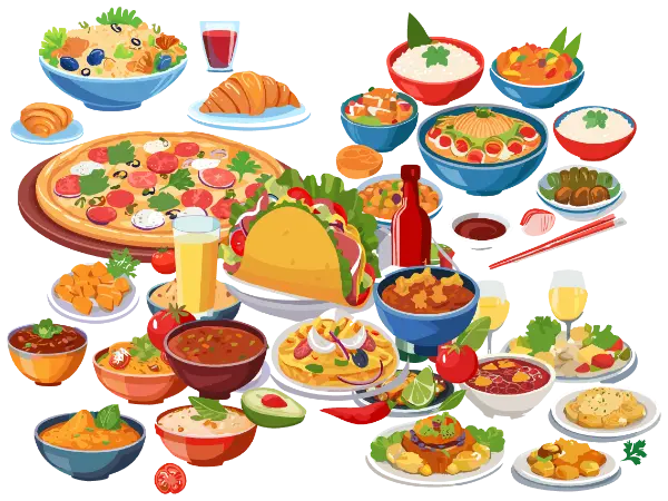 A table of dishes and drinks from around the world.