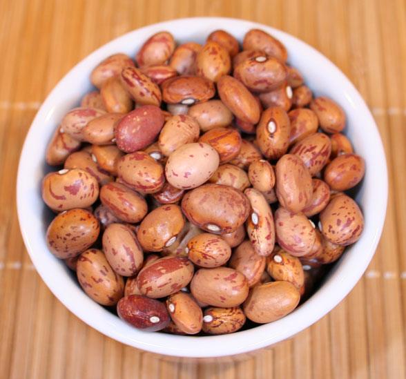 Pinto beans in a white container.