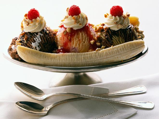 Banana split in a long cup.