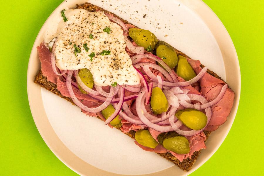 Open faced roast beef sandwich.