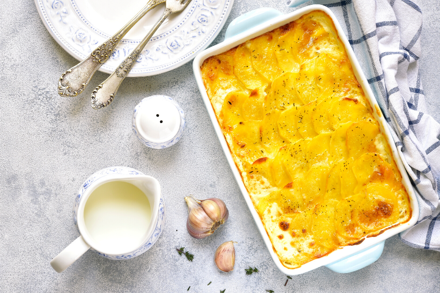 Top view of leek and potato gratin.