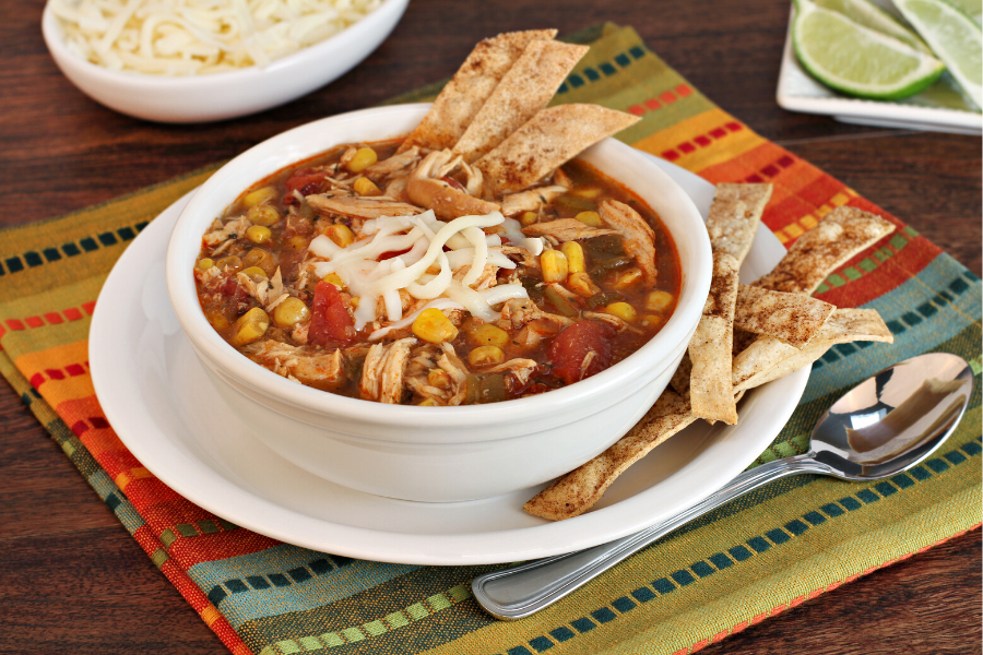 A bowl of chicken tortilla soup.