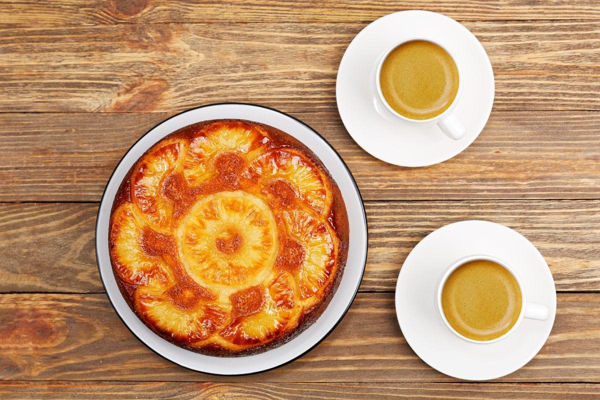 Top view of a pineapple upside-down cake.