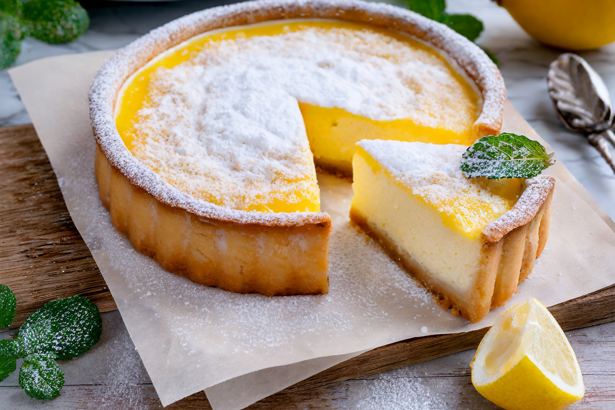 Irish lemon curd cheesecake dusted with powdered sugar.