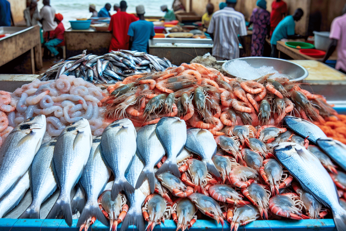 Fresh fish and seafood in West African cuisine.