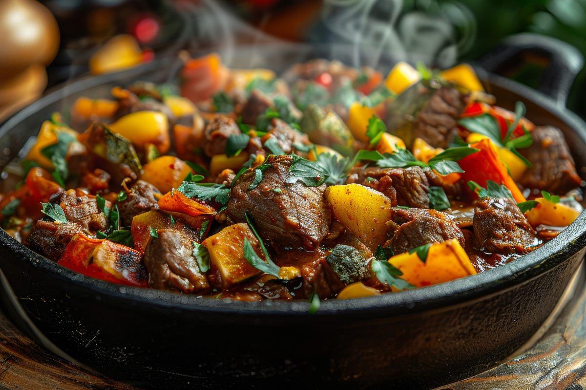 A steaming pot of stew with chunks of meat, colorful bell peppers, diced potatoes, and fresh parsley, served in a black cast-iron pot.
