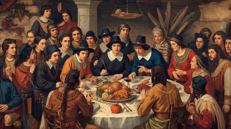 A detailed, richly colored illustration of the first Thanksgiving feast, capturing the communal gathering between Pilgrims and Native Americans.