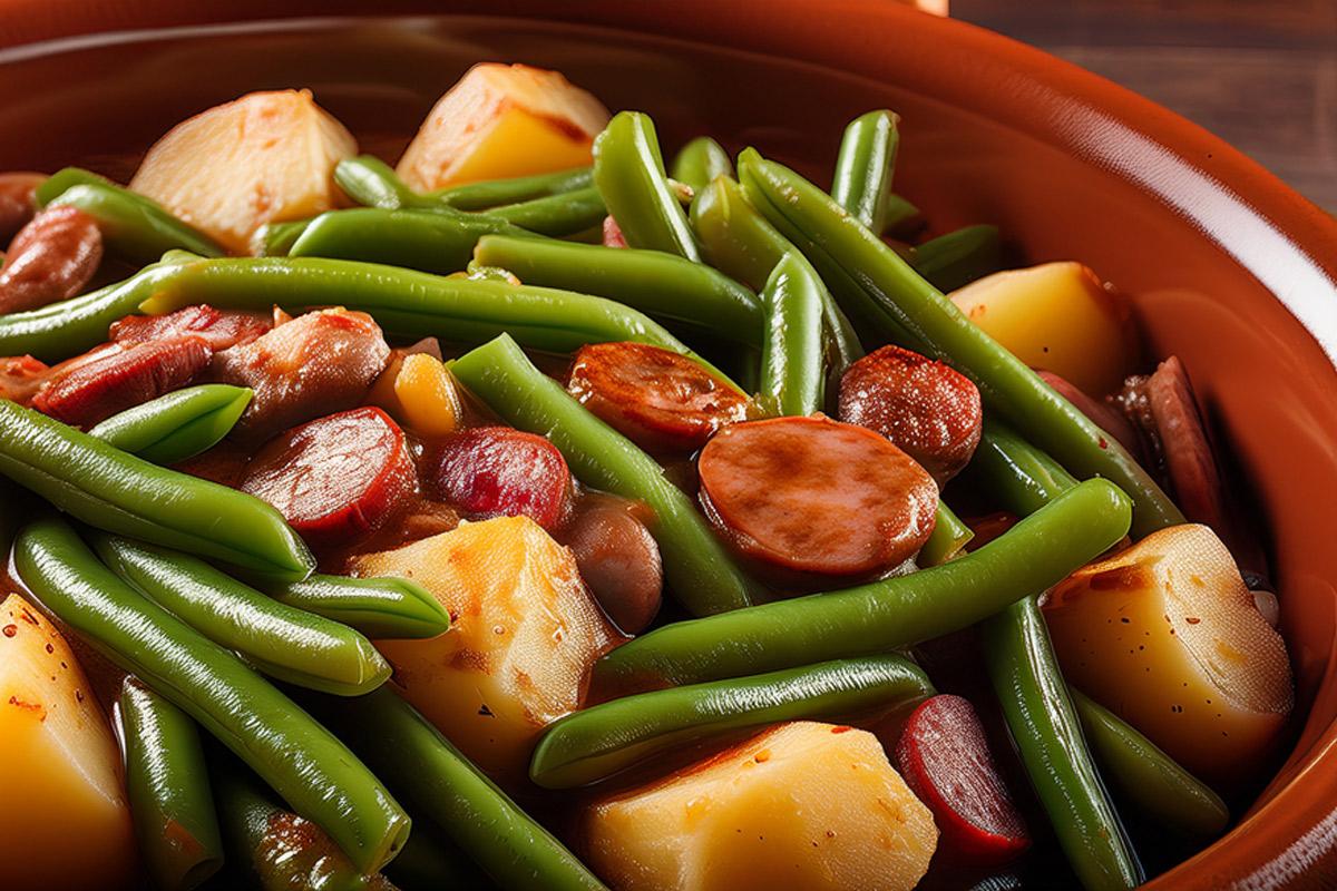 An earthenware recipient with smothered green beans with potatoes and sausage.