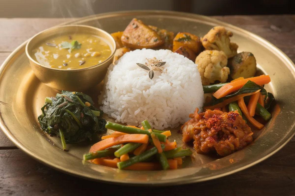 A steaming plate of dal bhat, the national dish of Nepal, is presented on a brass plate, accompanied by vibrant vegetable curry, pickled vegetables, and a side of steamed rice. This traditional Nepali cuisine showcases a variety of fresh vegetables and spices, reflecting the rich culinary traditions of the Kathmandu Valley.