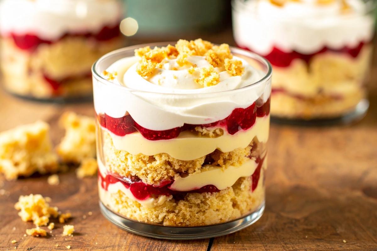 The layered dessert known as the tipsy laird, set against a rustic wooden table with soft, warm lighting.