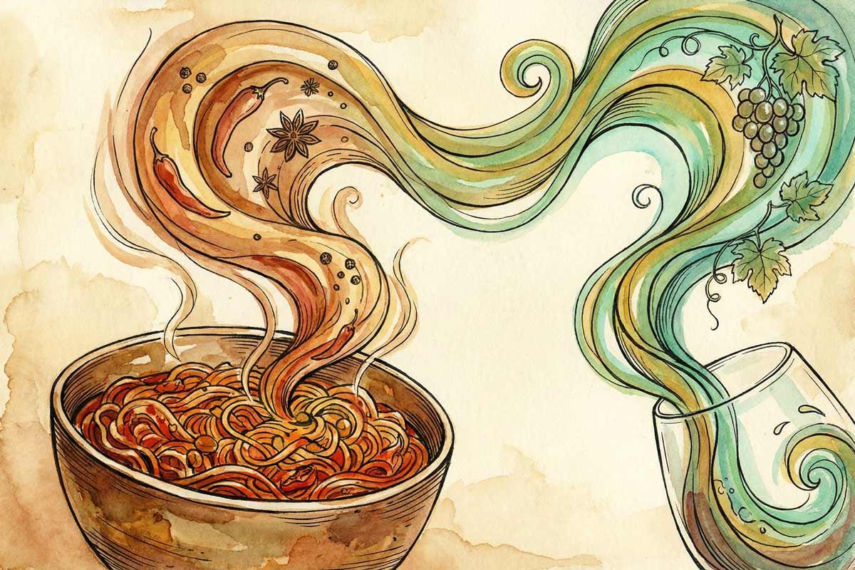 A bowl of spicy noodles with steam rising and transforming into a wine swirl that pours into a glass.
