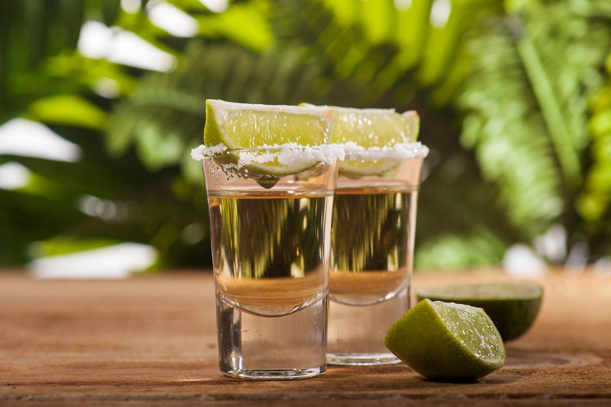 Two tequila shots with salted rims and lime wedges on a wooden table with a tropical green background.