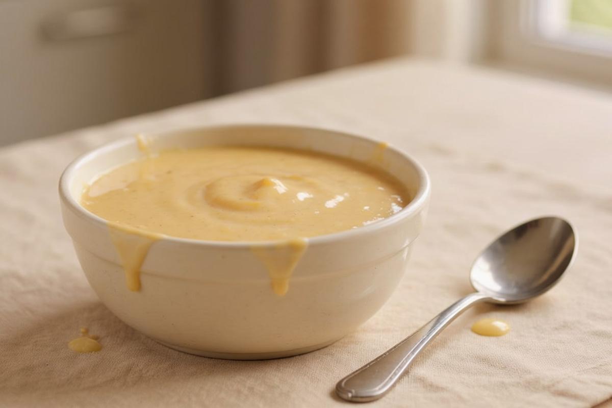 White bowl of creamy Bahamian hard sauce with sauce drips and a spoon on a linen-covered table.