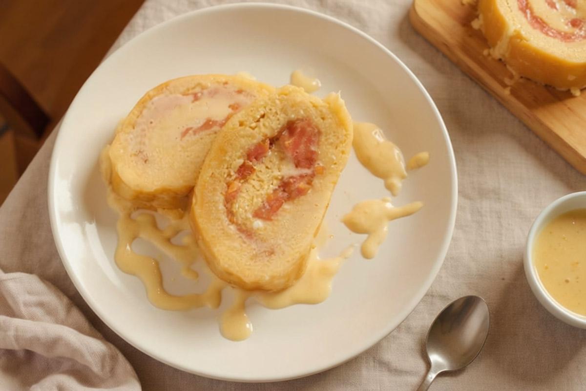 Top-down view of sliced guava duff with pink guava filling and creamy sauce on a white plate in a cozy home setting.