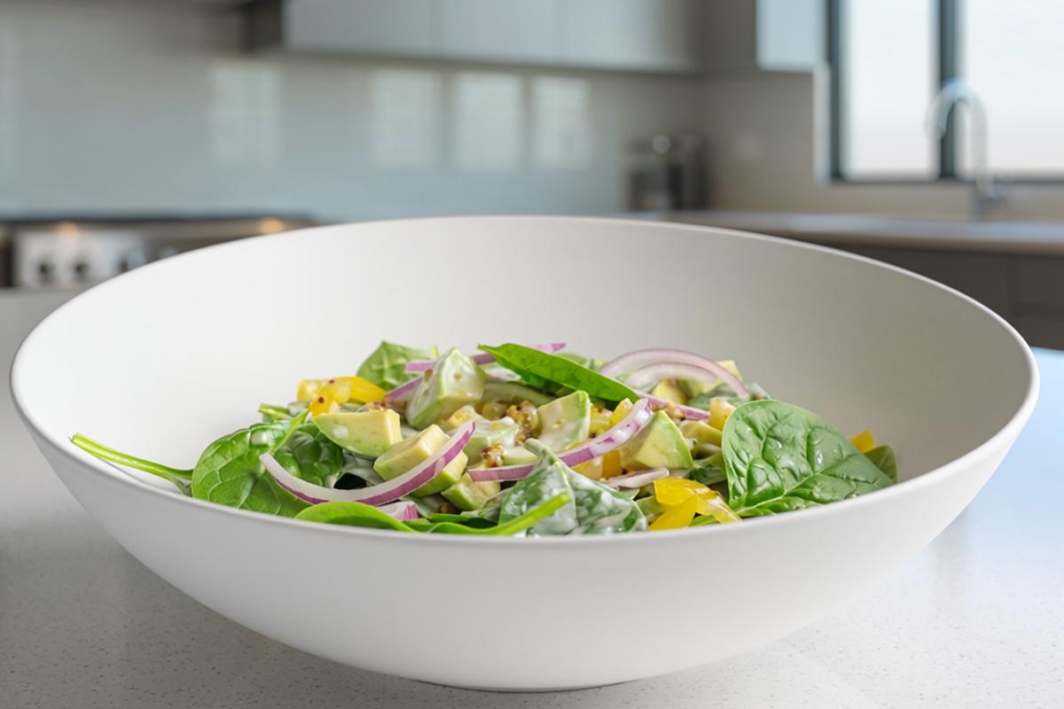 Baby spinach salad with avocado, red onion, yellow bell pepper, and creamy dressing in a white bowl on a modern kitchen counter.