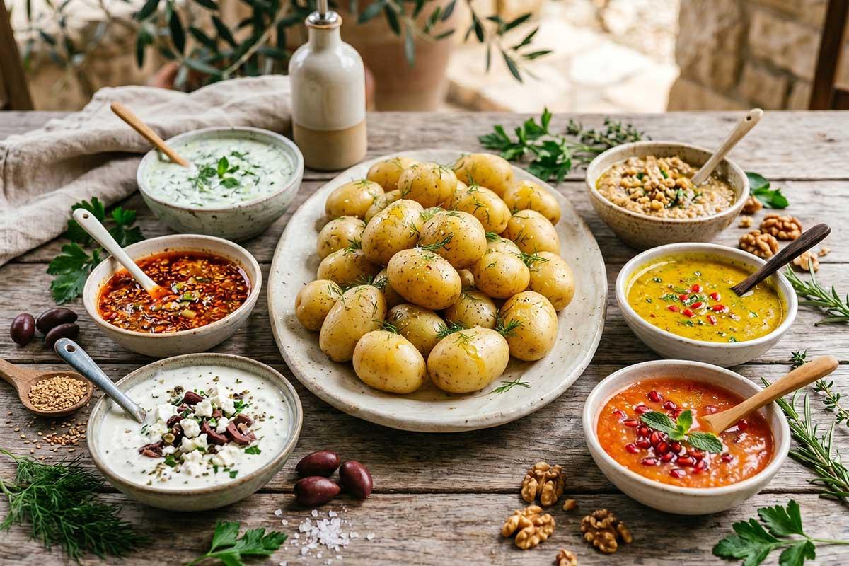 Platter of steamed baby potatoes surrounded by six homemade dressings, including herb, feta, walnut, curry, and chili sauces, on a rustic wooden table.
