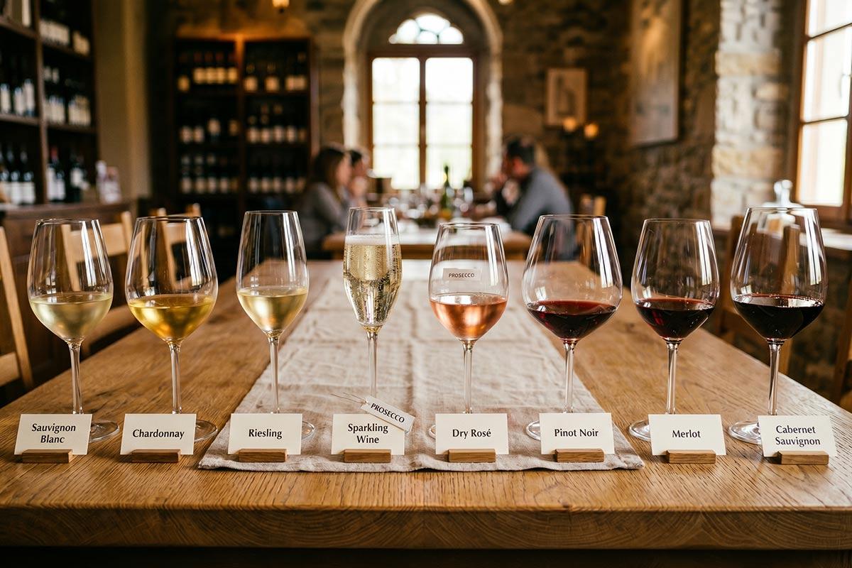 A selection of wines for beginners, from whites to reds, including rosé and sparkling wine - synthetic image.