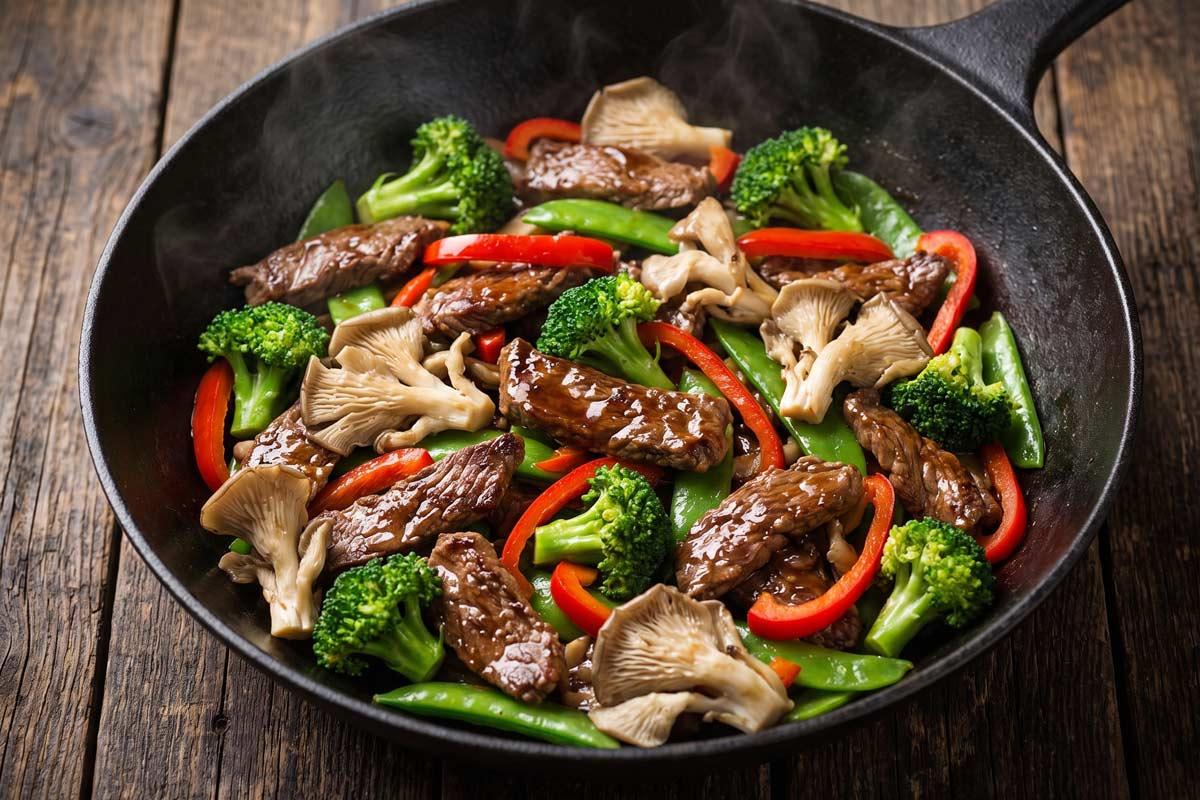 Beef stir-fry with broccoli, red bell pepper, snow peas, and oyster mushrooms in a black skillet.