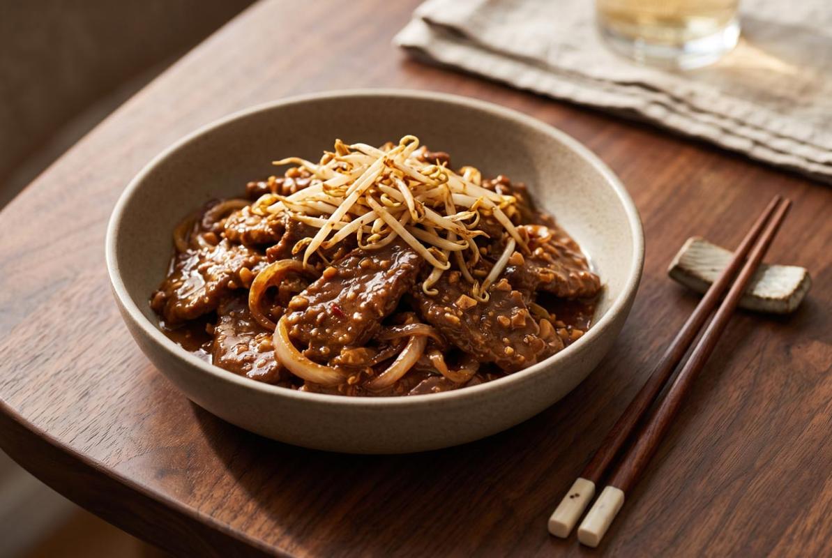 A cream stoneware bowl of glossy stir-fried beef strips in a thick, dark savory sauce, topped with a tangle of fresh bean sprouts and flecked with chili and garlic, on a warm wood table with chopsticks resting alongside. Synthetic (AI-generated) image.