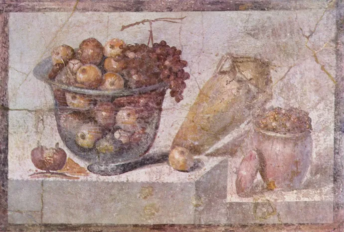 Mosaic glass bowl with fruit from Pompeii.