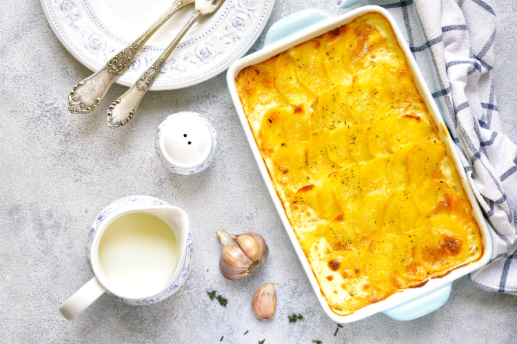 Top view of leek and potato gratin.