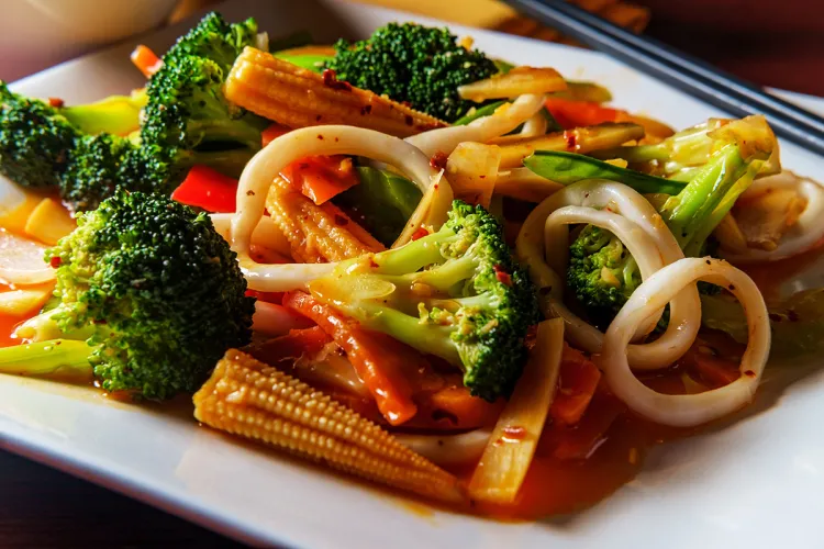 Vietnamese spicy chili squid on a plate.