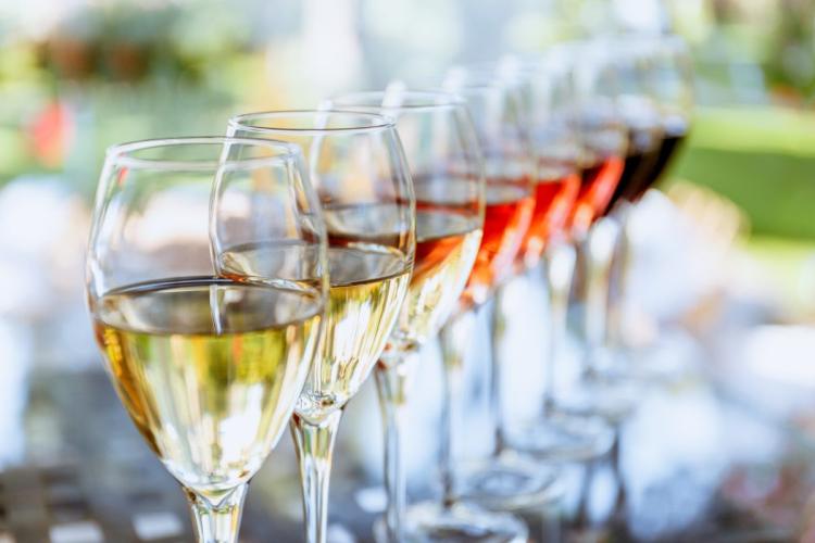 Glasses with white, rosé and red wines ready for a summer wine tasting.