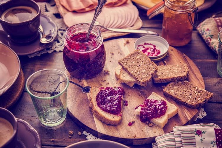 Classic Belgian breakfast with bread and jams.