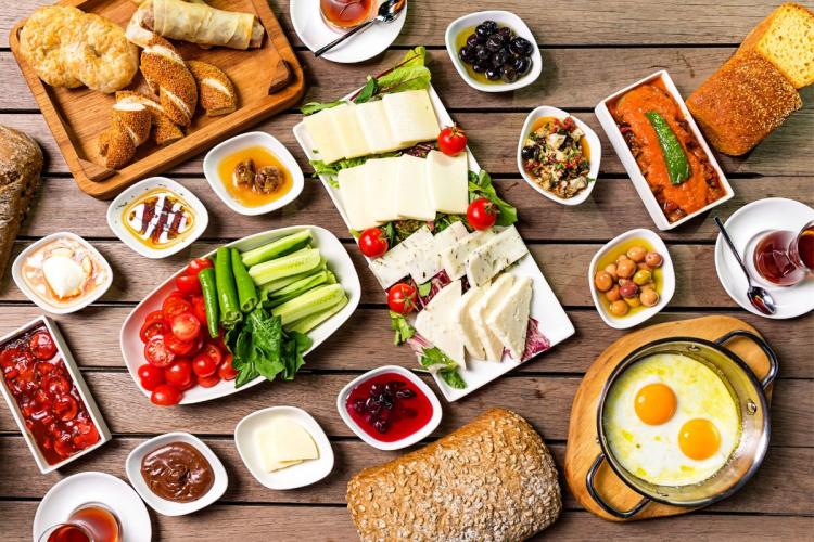 A varied Turkish breakfast.