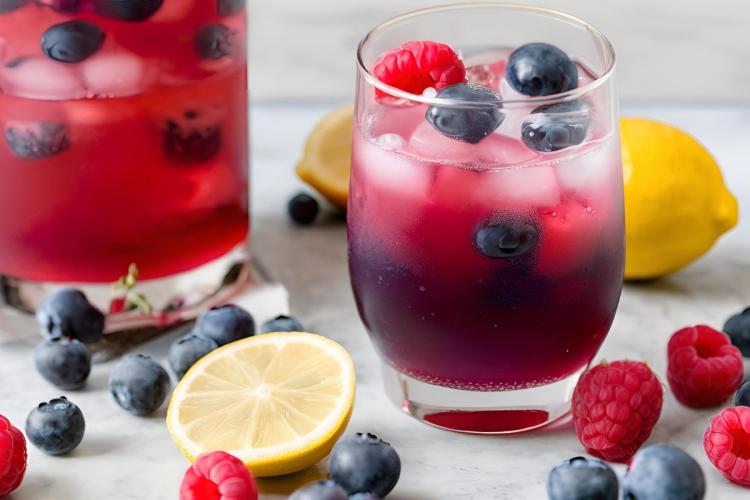 A glass of Fourht of July cocktail with ice and decorated with fresh blueberries and raspberries.
