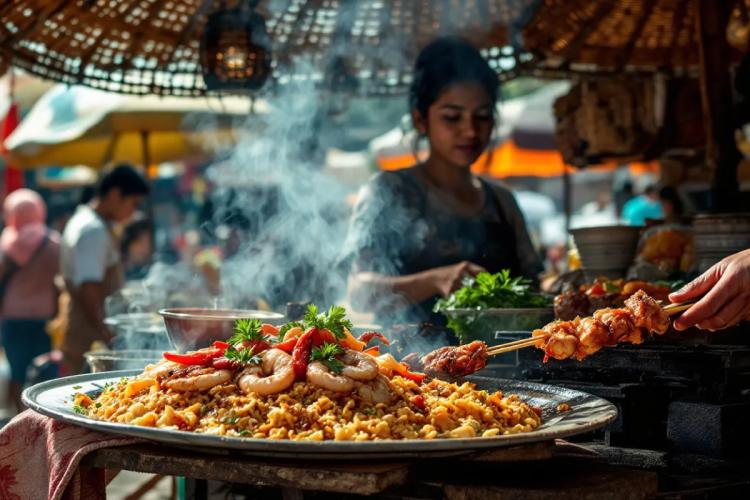 An enticing presentation of top Indonesian dishes including nasi goreng and chicken satay..