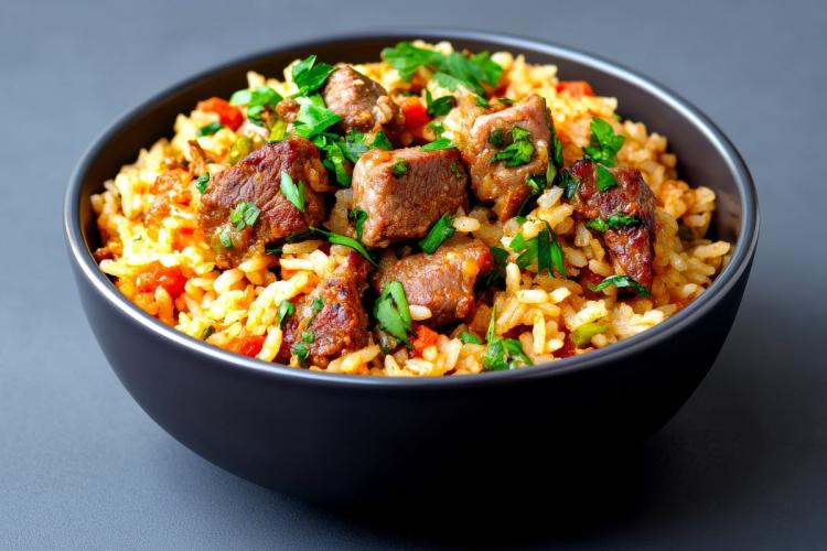 A bowl with Somalian bariis iskukaris, meat and rice.