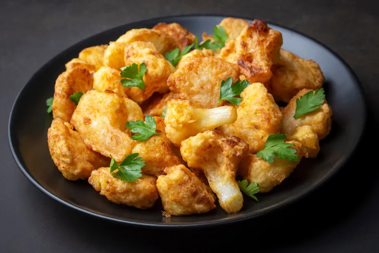 A plate of golden-brown, crispy fried cauliflower florets fried in batter, garnished with fresh parsley leaves, served on a dark plate.