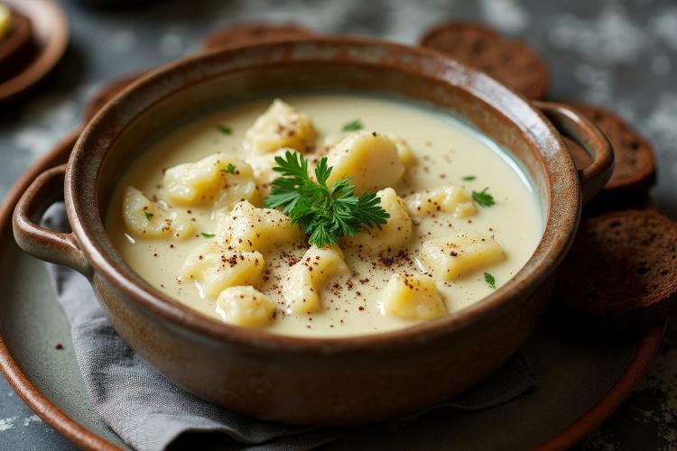 A bowl of plokkfiskur, Icelandic fish stew with potatoes, served with rye bread and garnished with parsley.