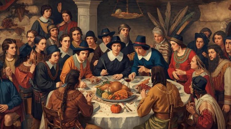 A detailed, richly colored illustration of the first Thanksgiving feast, capturing the communal gathering between Pilgrims and Native Americans.