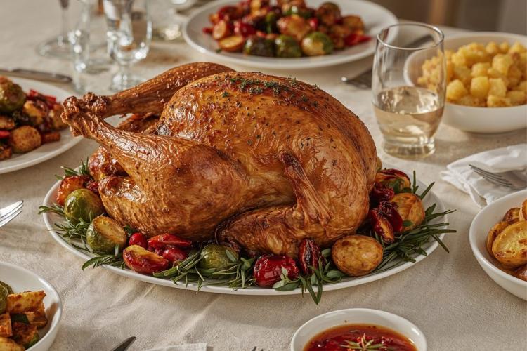 Whole roasted turkey on a platter with potatoes, Brussels sprouts, and herbs, surrounded by holiday side dishes.