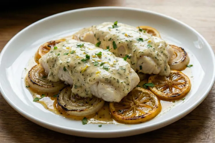 Two pieces of baked fish in a creme herb sauce on a bed of roasted onion and lemon slices.