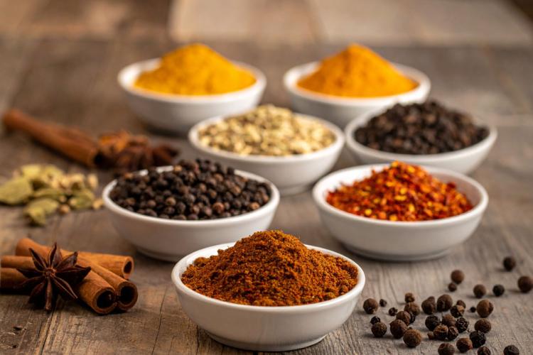 Small recipients with different ground spices like cumin, coriander, paprika, turmeric, cinnamon, black pepper, chili flakes, cardamom, garam masala and sumac. There are some spices on the table.