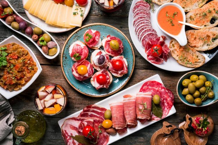 A selection of Spanish tapas with sangria.