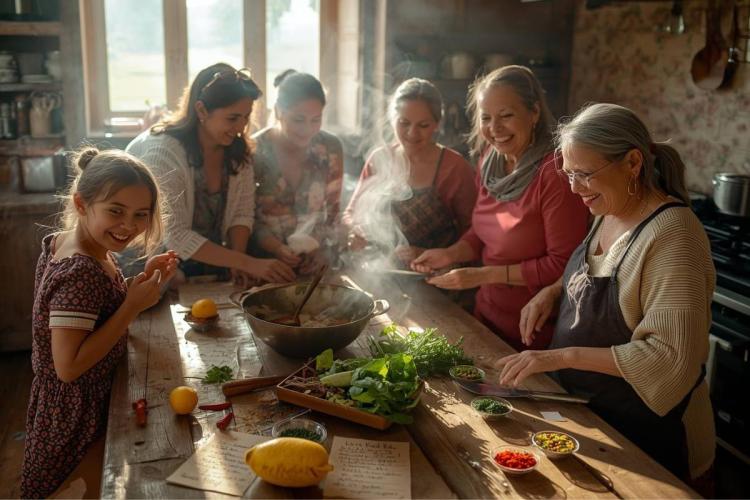 A multigenerational group of women from the same family are gathered around a wooden table, sharing laughter as they prepare a traditional dish together. 
