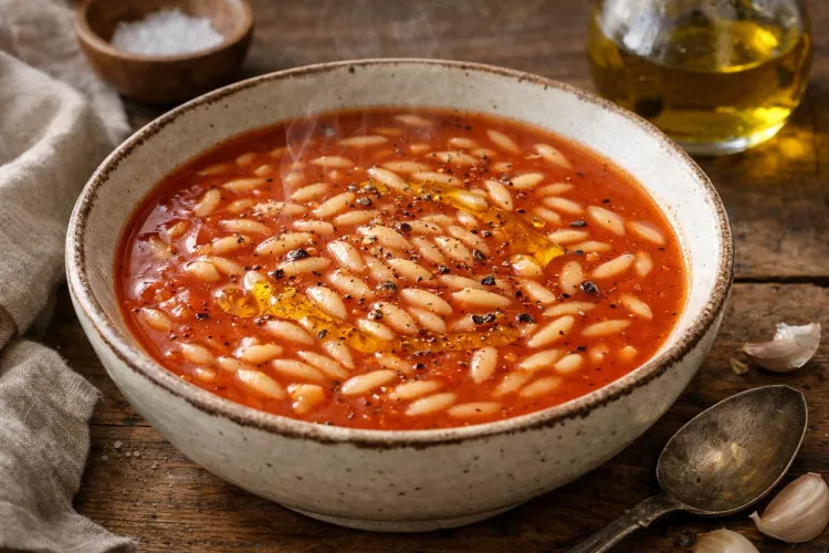 A bowl of tomato orzo soup.