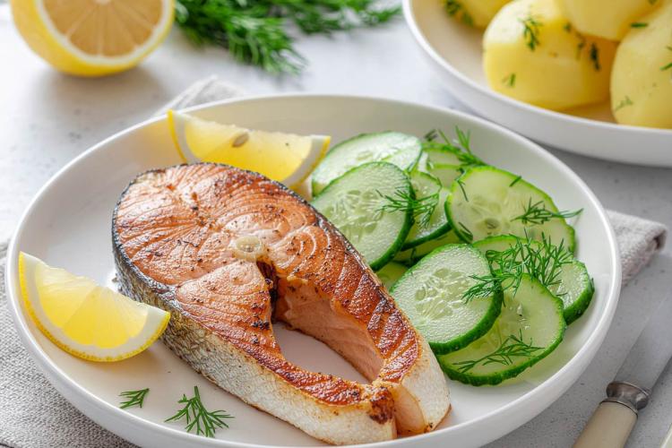 Grilled salmon fillet with cucumber dill salad and lemon wedges, fresh Nordic midsummer feel, bright natural light, simple elegant plating.