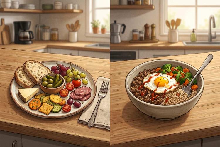 A girl dinner and boy kibble image as two different responses to the same modern dinner problem.