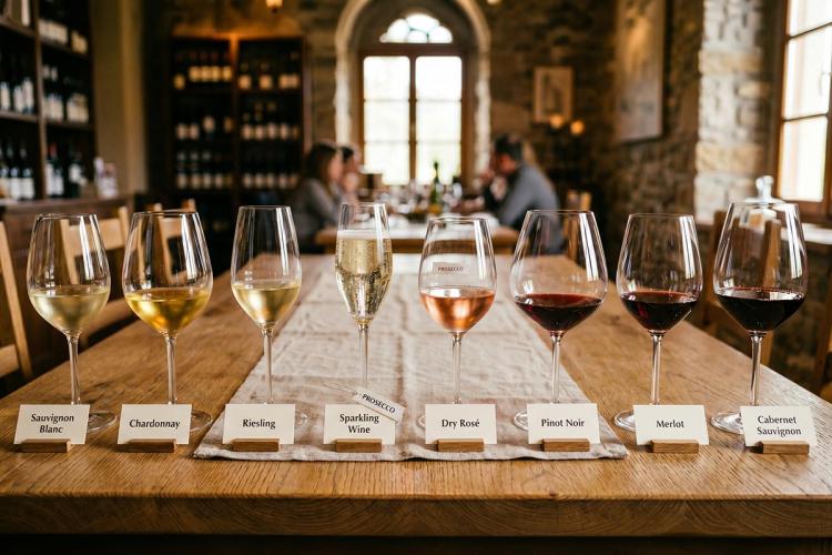 A selection of wines for beginners, from whites to reds, including rosé and sparkling wine - synthetic image.