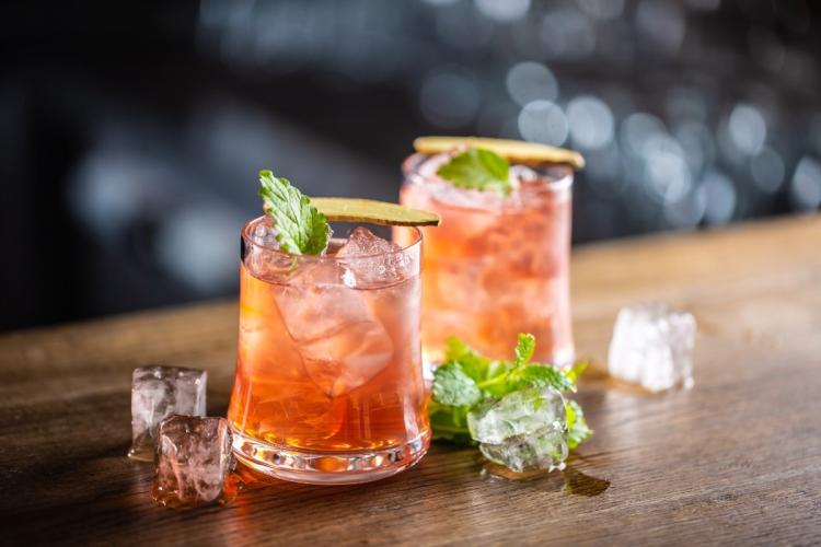 Two reddish cocktails over ice in rocks glasses, garnished with mint sprigs and a slice of dried ginger, on a wooden table with ice cubes and mint against a dark background.