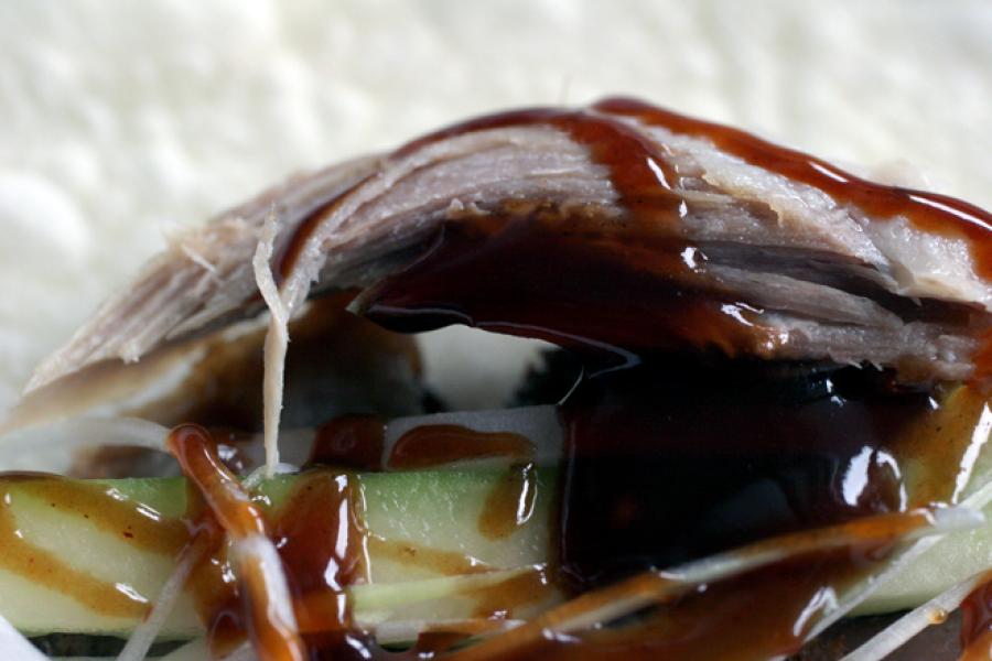 Chinese pancake with Peking duck and hoisin sauce filling.