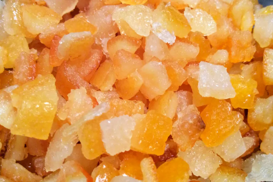 Close up of candied citrus peel.