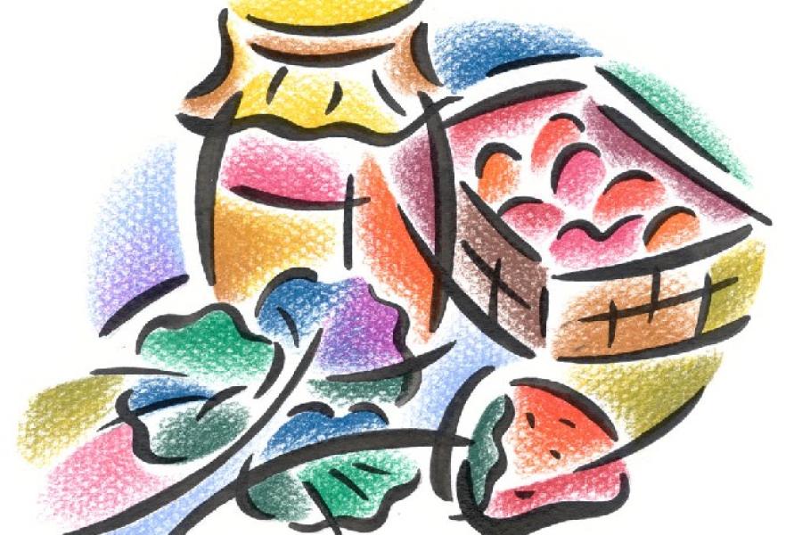 A jar an vegetables for home canning, drawing.