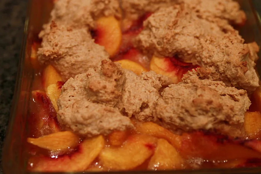 Detail of a peach cobbler.
